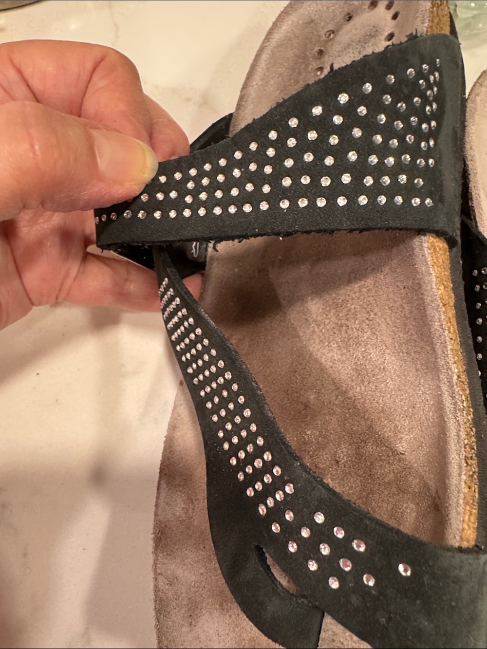 MEPHISTO “Helena Spark” black nubuck slide sandals, rhinestones on straps, 8 - Picture 15 of 16